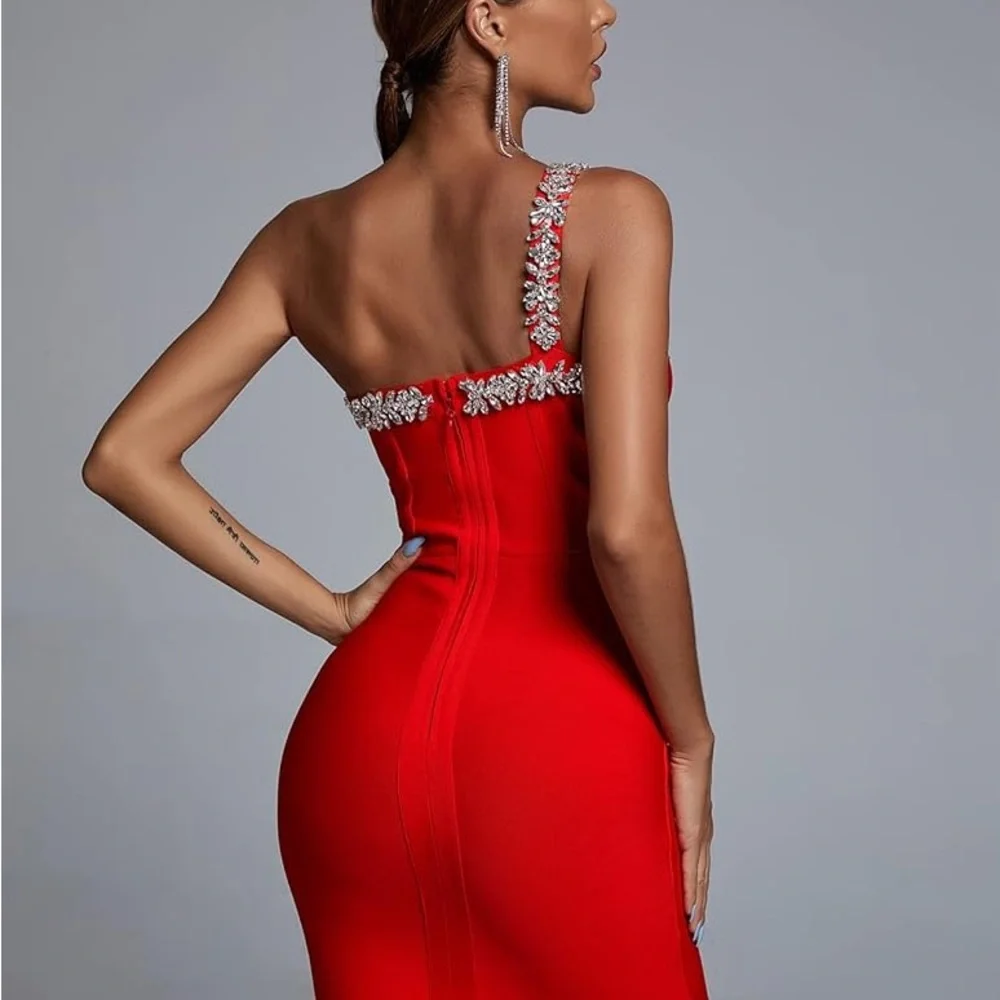 One-Shoulder Red Rhinestone Accent Dress - Picture 3 of 13